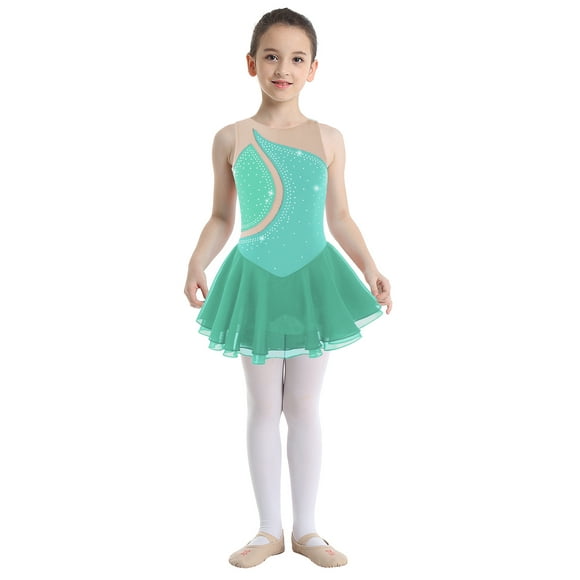 Raenseen Kids Girls Rhinestones Lyrical Dance Costume Sleeveless Round Neck Skating Leotard Dress Green 10