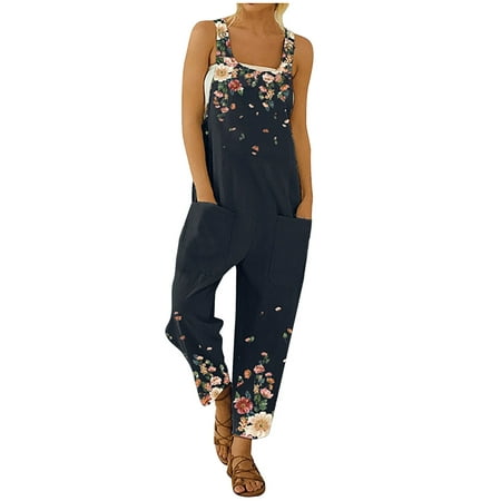 

Dyegold Jumpsuits for Women Casual Womens Casual Jumpsuit Casual Wide Leg Baggy Bib Floral Print Summer Casual Square Neck Sleeveless Rompers Overalls