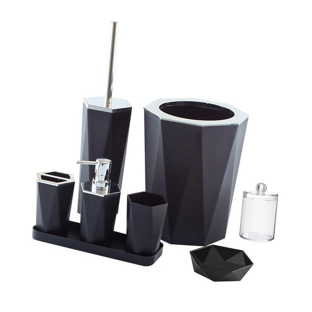 Juego de 7 piezas de accesorios de baño: escobilla para inodoro, cepillo de dientes, vaso y dispensador de jabón. Negro