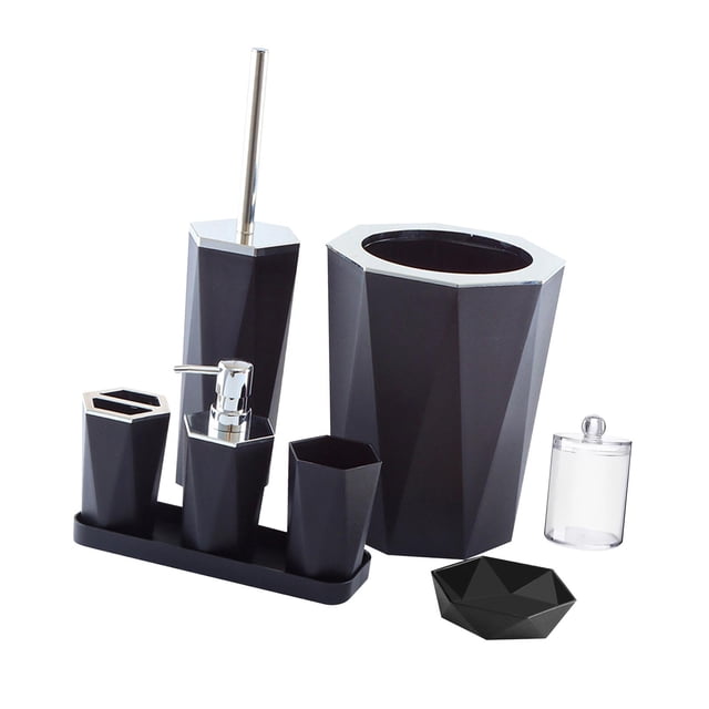 Juego de 7 accesorios de baño, cepillo de inodoro, cepillo de dientes, vaso y dispensador de jabón. Negro