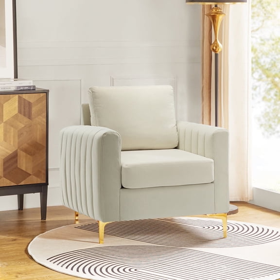 Velvet Upholstered Club Accent Chair Lounge Armchair Single Sofa Removable Backrest Golden Legs Home Living Room Bedroom White