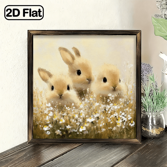 1pc Vintage Easter Bunny Wall ArtFarmhouse Rabbit Painting in Wildflowers, Wooden Framed 8x8 Inch Horizontal or TabletopRustic Wall Decoration, Spring Easter Bunny Sign for Living Room, C
