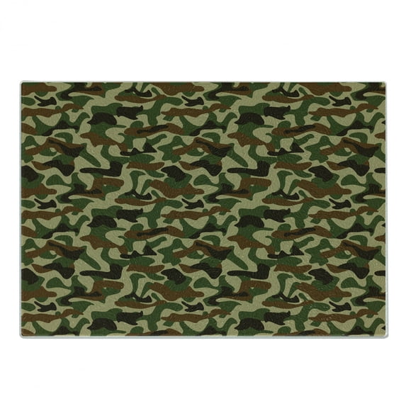 Camouflage Cutting Board, Squad Uniform Design with Vivid Color Scheme Hunting Camouflage Pattern, Decorative Tempered Glass Cutting and Serving Board, Small Size, Green Brown Khaki, by Ambesonne