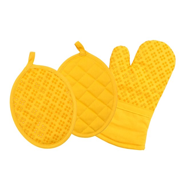 Juego de 3 manoplas y manoplas de horno antideslizantes de silicona para horno y manoplas para horno Oeko-Tex 100% algodón amarillo