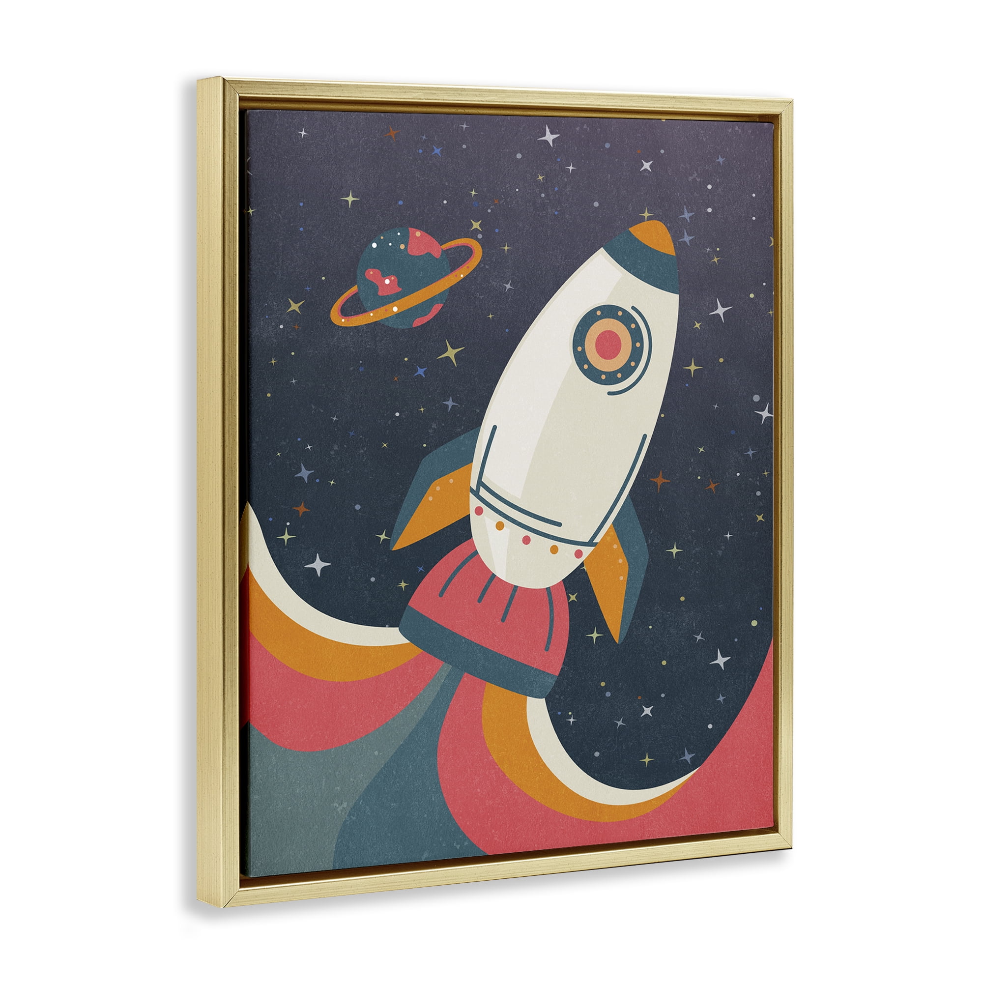 Stupell Industries Retro Space Rocket Astrology & Stars Painting Gold Floater Framed Canvas Art Print Wall Art, 25 x 31
