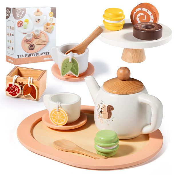 Juego de té OmyBaby Wooden para niñas a partir de 3 años con tetera, tazas y postre