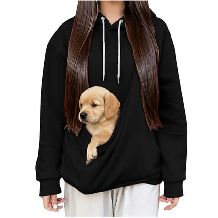 HAPIMO Pet Pouch Hoodie for Women Solid Kangaroo Pocket Sweatshirts Small Animal Holder Hooded Sweatshirts Loose Long Sleeve Tops Black M