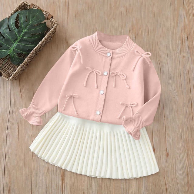 Conjuntos de blusas y camisas de cuello redondo y manga larga Conjunto de suéter de punto de invierno para niñas Cárdigan para niños Conjunto de dos piezas Top y falda Top de poliéster para niños