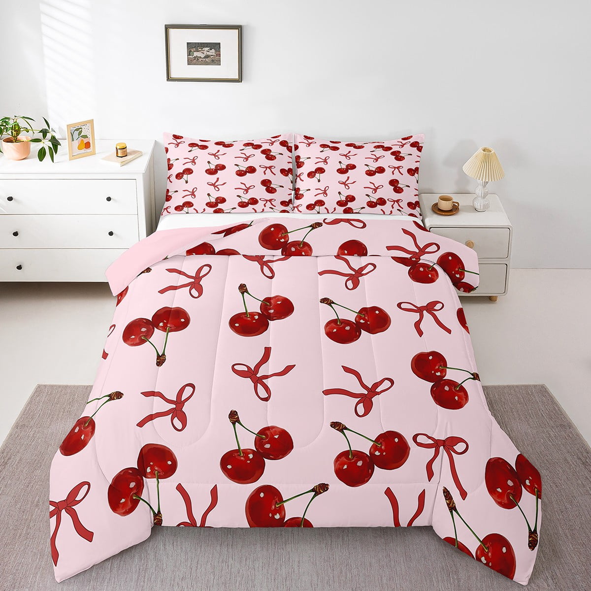 Erosebridal Dreamy Cherry Bedding Sets Queen with Comforter, Cartoon Bow Duvet Insert, Princess Style Decor, Microfiber 3 Pieces
