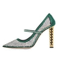 thumbnail image 2 of FSJ Women Pointed Toe Rhinestone Mesh Pumps Single Band Chain Chunky High Heels Elegant Prom Party Evening Shoes Size 16 Green, 2 of 5