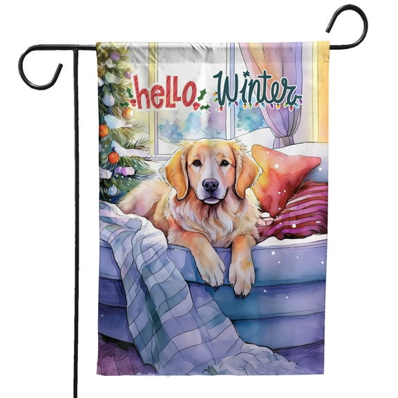 Watercolor Hello Winter Golden Retriever Chill Christmas Welcome Garden Flag 12x18in Double Sided Goldens Dog Lover Gifts Idea Outdoor Decor - 00016
