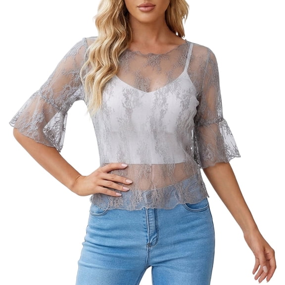 Yuanlong Women's Mesh Tshirts Round Neck Elbow-Length Sleeve Breathable Tees Solid Color Slim Fit Elegant Holiday Tee Tops