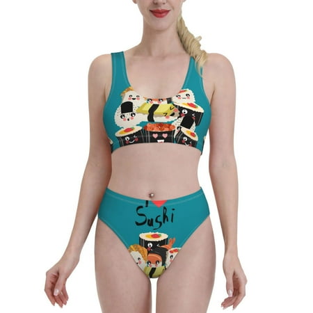 Bixox I Love Sushi Pattern Two-Piece Sports Bikini with U-Shaped Top and High-Waist Bottom - Women s Swimwear with Removable Bra Pads
