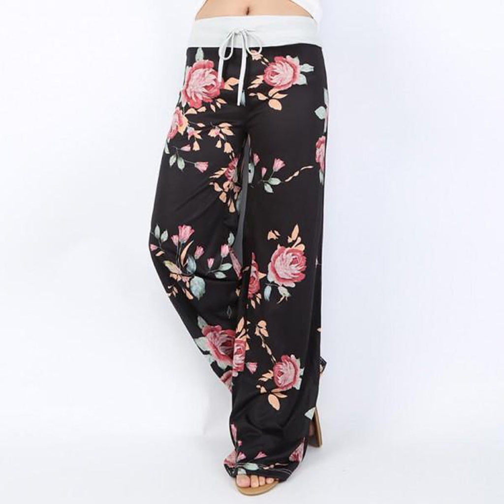 US-straight Womens Floral Print Comfy Stretch Drawstring Palazzo Wide Leg Lounge Pants 