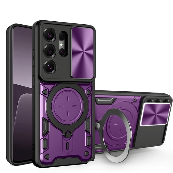 ELEHOLD For Samsung Galaxy S26 Ultra Heavy Duty RuggedCase, Sliding Lens Cover Foldable Kickstand Bracket Strong Magnetic Force Shockproof Hybrid Case,Purple