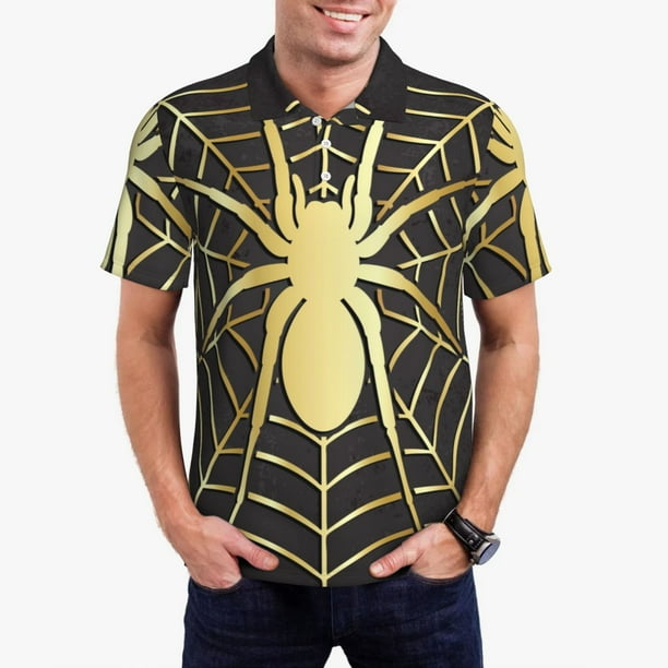 Balery Gold Spider On The Web Camisa Polo de Hombre con Estampado, de Manga Corta y Tejido Medio, Camisa Tipo Golf Polo-X-Large