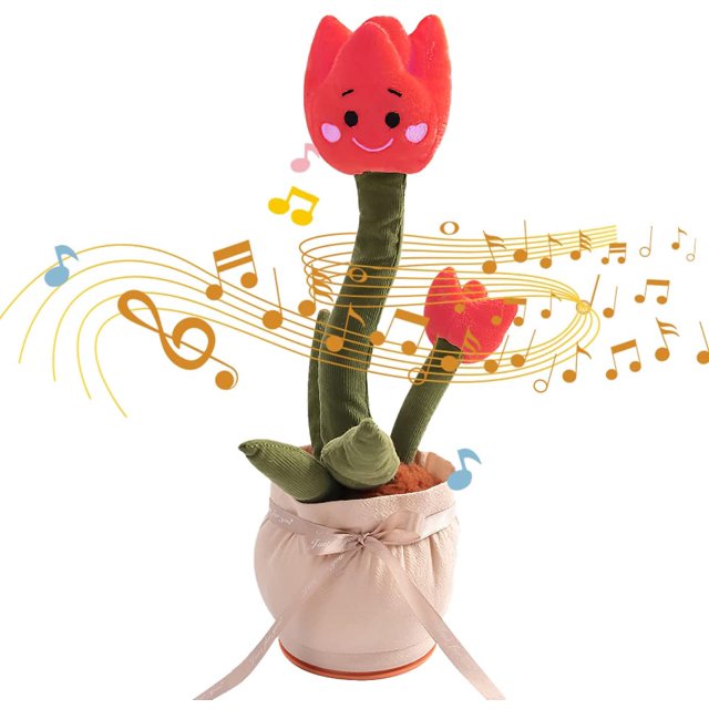 un juguete de tulipán que puede brillar y hablar, tiene 120 música, puede grabar, repetir lo que dices, simular tulipanes, juguetes educativos de educación temprana e interactuar con niños(rojo) juguete tulipán interactivo de peluche rojo en maceta, vista frontal con dos tallos verdes y una flor sonriente; tela corta roja, tallos de felpa y maceta beige con lazo; reproduce música y graba/replica voz para apoyar la enseñanza temprana y juegos de imitación.