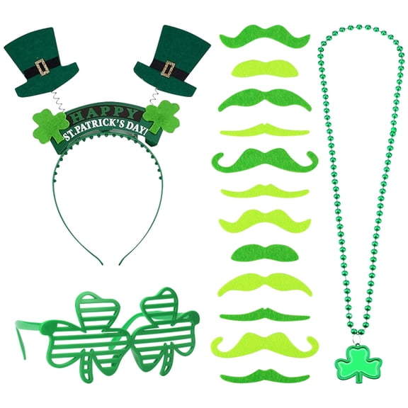 Alaiyaky 17 Pcs St Patricks Day Costume Accessories Set Shamrock Necklaces Clover Glasses Mustaches for Irish Party Decor