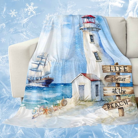 Nautical Blue Cooling Blanket,Lightweight Breathable Summer Throw Blanket with Double Sided Cold Effect,Lighthouse Ocean Sailboat Summer Painting Picnic Blankets Bed Sheet for Hot Sleepers 30"x40"