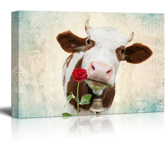 wall26 - Canvas Print Wall Art - Milk Cow with a Rose on a Retro Style Background - Gallery Wrap Modern Home Art | Ready to Hang - 32x48 inches