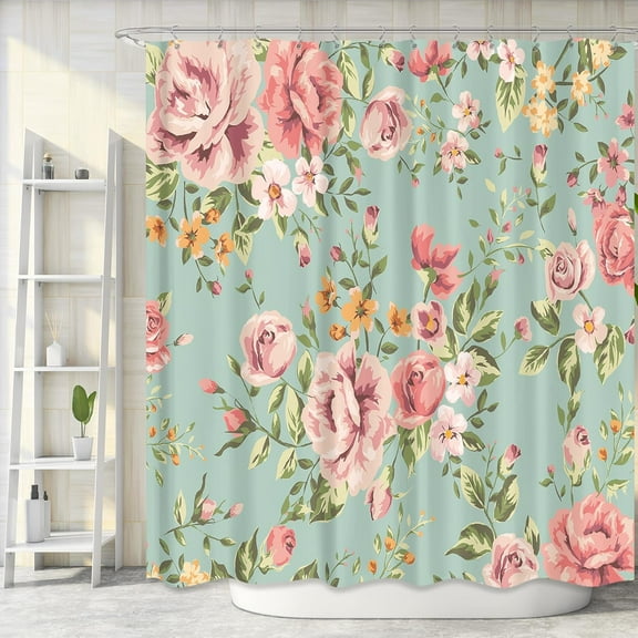 Pink Floral Fabric Shower Curtain for Bathroom 72Wx72H Inch Rose Floral Blooming Green Leaves for Girl Women Bathtub Accessories Decor Rustic Waterproof Fabric Bathroom 12 Pack Hooks WW-NDHC