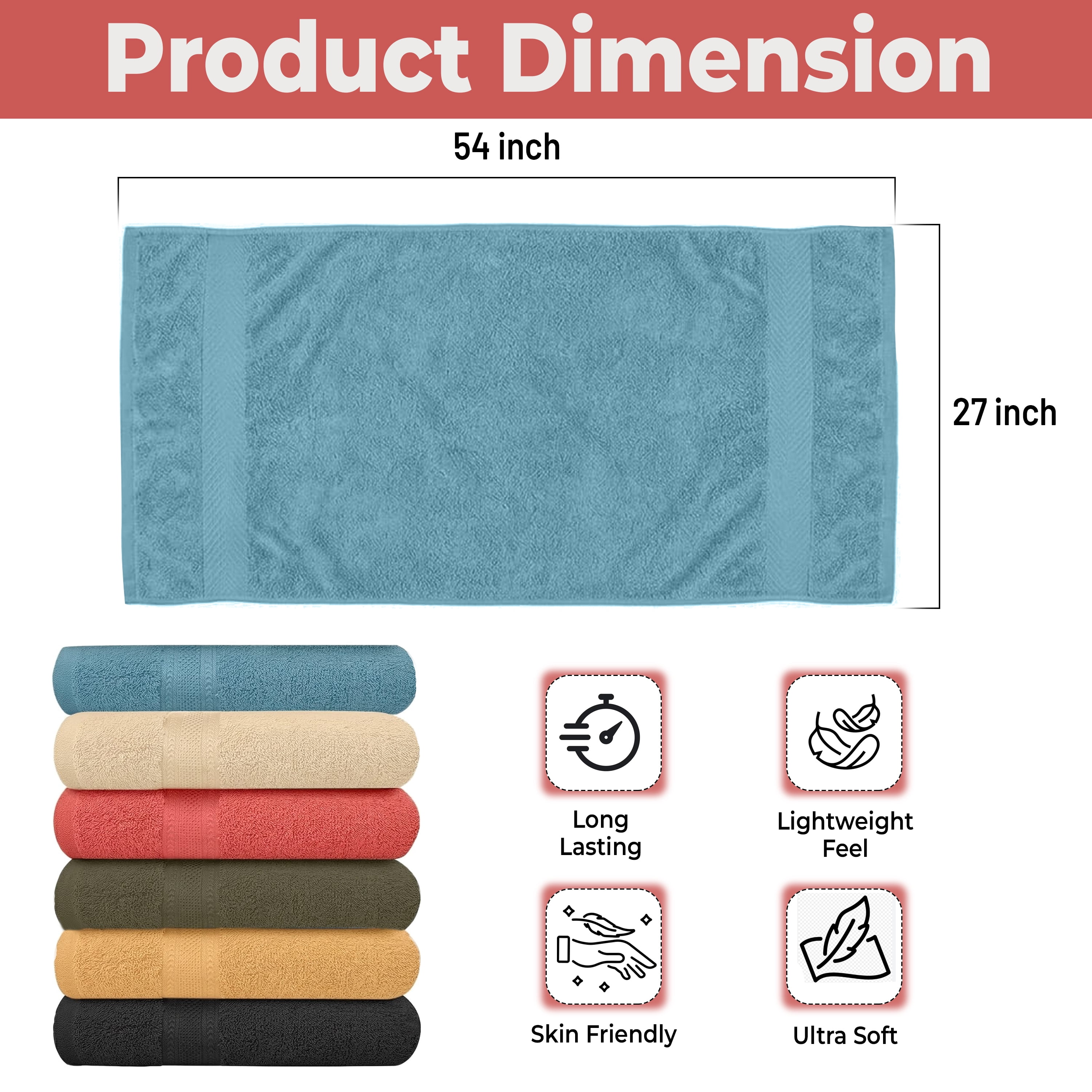 Pack of 6 Bath Towels 27 x 54 Inches, 100% Cotton, Larger & Lighter Weight, Quicker to Dry, Super Soft and Absorbent, Perfect for Bathroom (Multicolor, Pack of 6 (27''x54''))