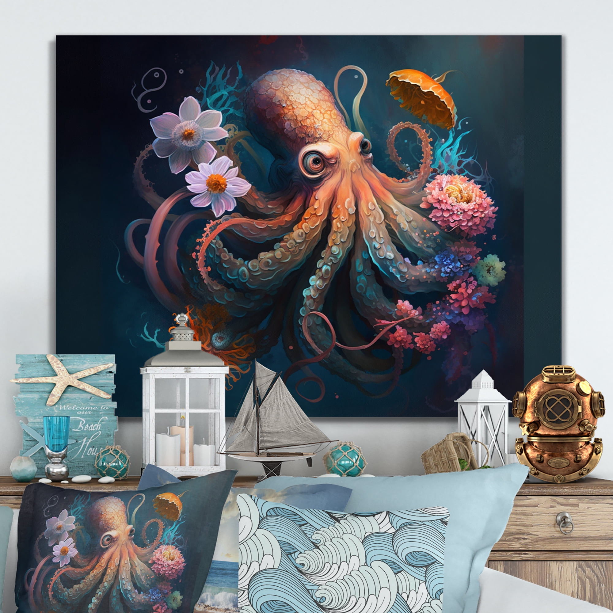 Designart Octopus In The Ocean With Flowers II Canvas Wall Art