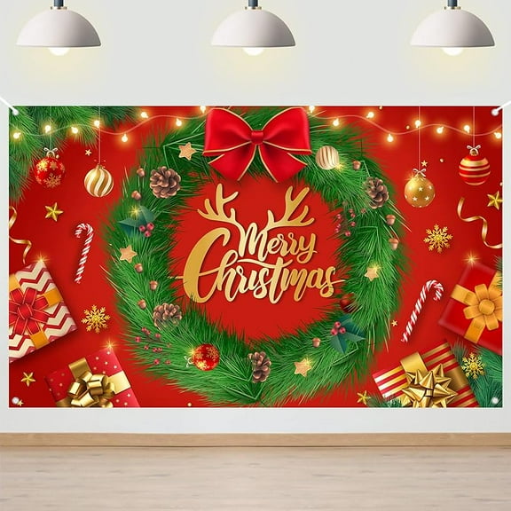Merry Christmas Banner Red Christmas Backdrop for Party Decorations Winter New Year Xmas Eve Family Gatherings Photography Background Indoor Outdoor House Decor Party Supplies (6x3.6ft)