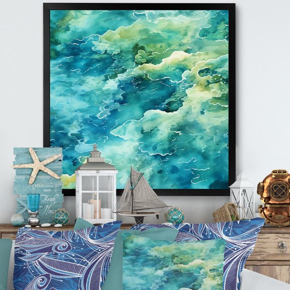 Designart "Peaceful Tide Pools in Green II" Coastal Framed Wall Art Decor - Coastal Blue Coastal Minimalism Bedroom Framed Canvas Wall Art