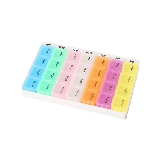 Pill Organizer, 7 Color 28 Compartment Portable Transparent Weekly Pill Box, 7 Day 4 Times A Day Medicine Container 7.1in x 4.1in x 0.9in, for Travel Daily Medication Vitamin Supplement Storage