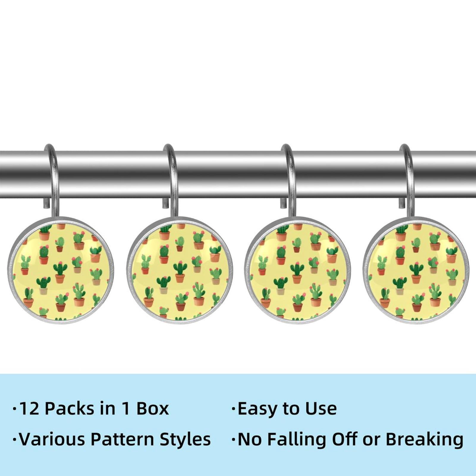 12pcs Decorative Shower Curtain Hooks, Rust Resistant Shower Rings for Bathroom Living Room,Rustproof Stainless Steel Rings for Shower Curtain and Liner Rods,Cactus Yellow Pattern