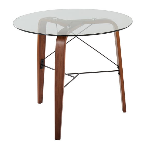 Contemporary Round Dinette Table in Walnut Wood and Clear Glass
