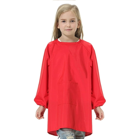 Toptie Kids Art Smock Waterproof Nylon Toddler Artist Painting Aprons with Front Pocket & Long Sleeve for Boys and Girls-Red-S