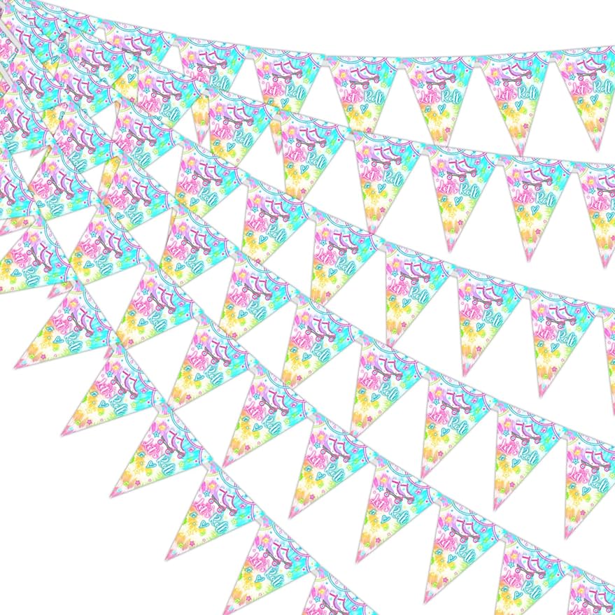 Kreatwow Roller Skating Party Banner Skating Pennant Banner Roller Skating Party Decor Tie Dye Birthday Decor Let's Roll Theme 80s 90s Retro Hip Hop Decor Groovy Skating Party Decor for Birthday Party