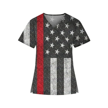 

TKing Fashion Independence Day Women Plus Size Scrubs Top V-Neck Short Sleeve Printed Pockets Work Blouse for Women Black 2XL