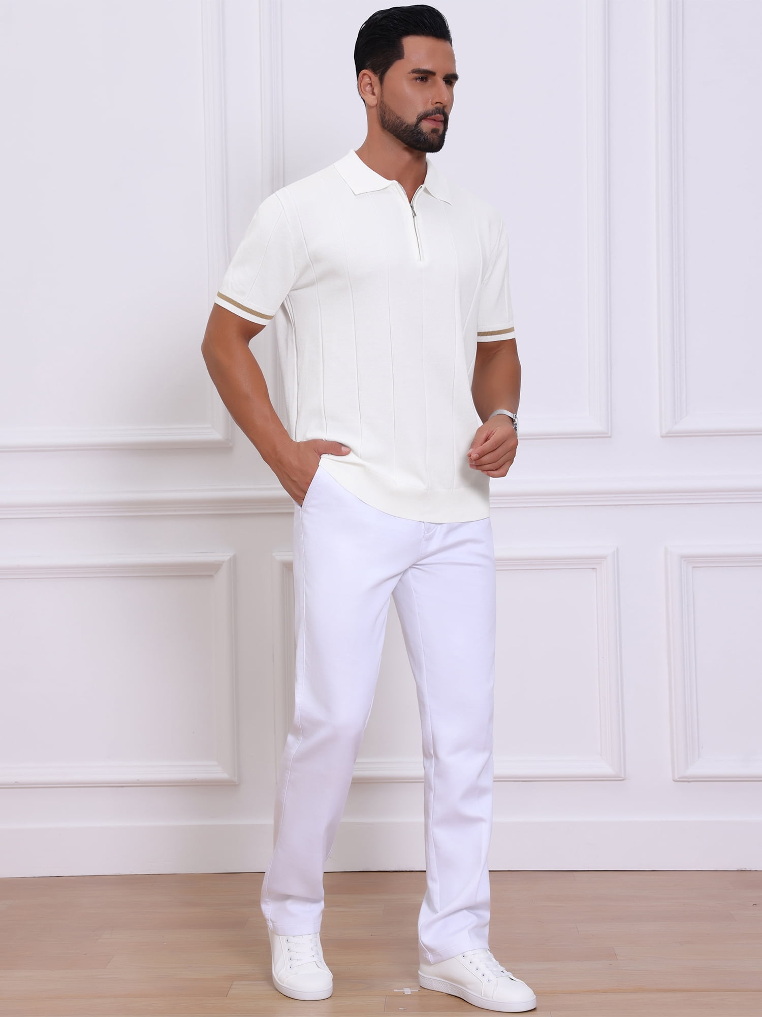 DARING DIVA Men's Textured Zip Up Ribbed Hem Short Sleeve Golf Polo Shirts S White