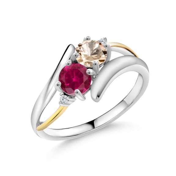 Gem Stone King 1.42 Cttw Round Peach Morganite and Red Created Ruby 925 Silver and 10K Yellow Gold Ring for Women | Gemstone Birthstone | Round 5MM (Size 8)