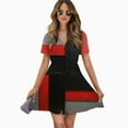 thumbnail image 2 of Geometric Abstract Art Black Red Grey Women Dress V-Neck Short Sleeve Flowy Swing Party Midi Dress, 2 of 4