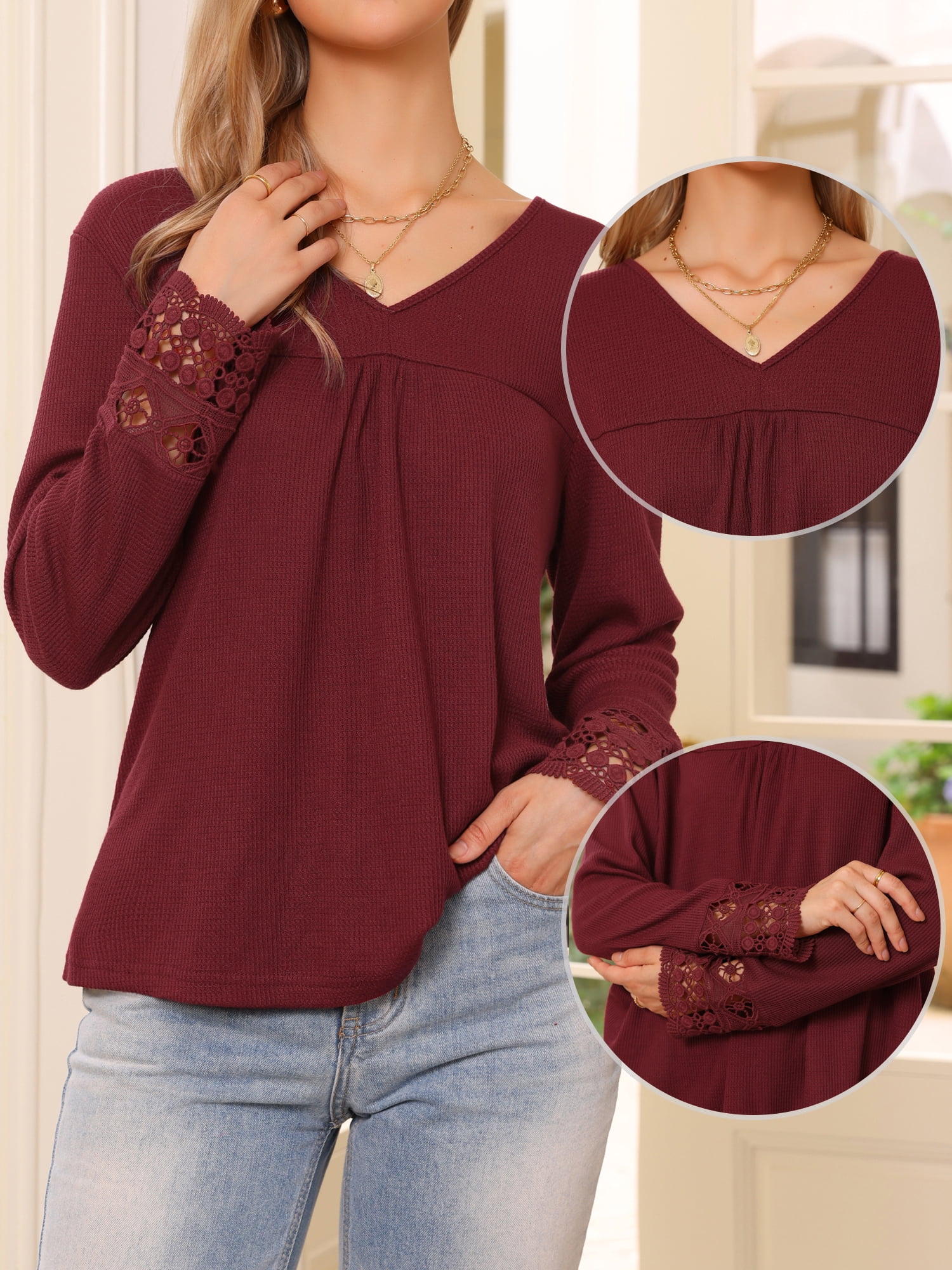DARING DIVA Women's Long Sleeve V Neck Casual Tops Lace Blouses M Wine Red