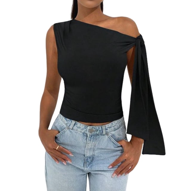 Women'S Ruched One Off the Shoulder Tank Tops Asymmetrical Neck Tie Shoulder Going Out Top