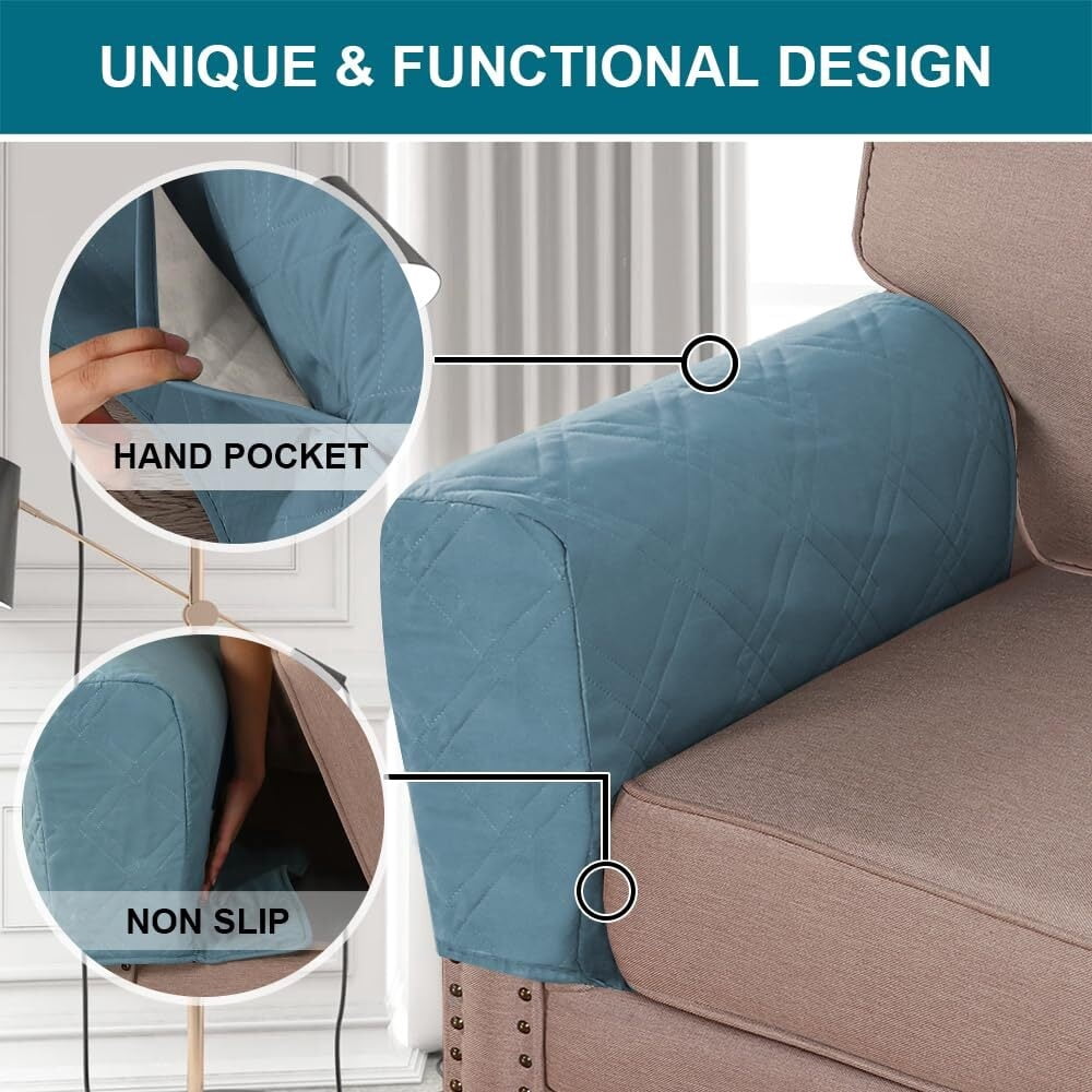 2 Pack Waterproof Armrest Covers for Chairs and Sofas Couch Arm Covers for Sofa Armrest Covers with Side Pocket Anti-Slip Furniture Protector Washable Armrest Slipcovers Set of 2