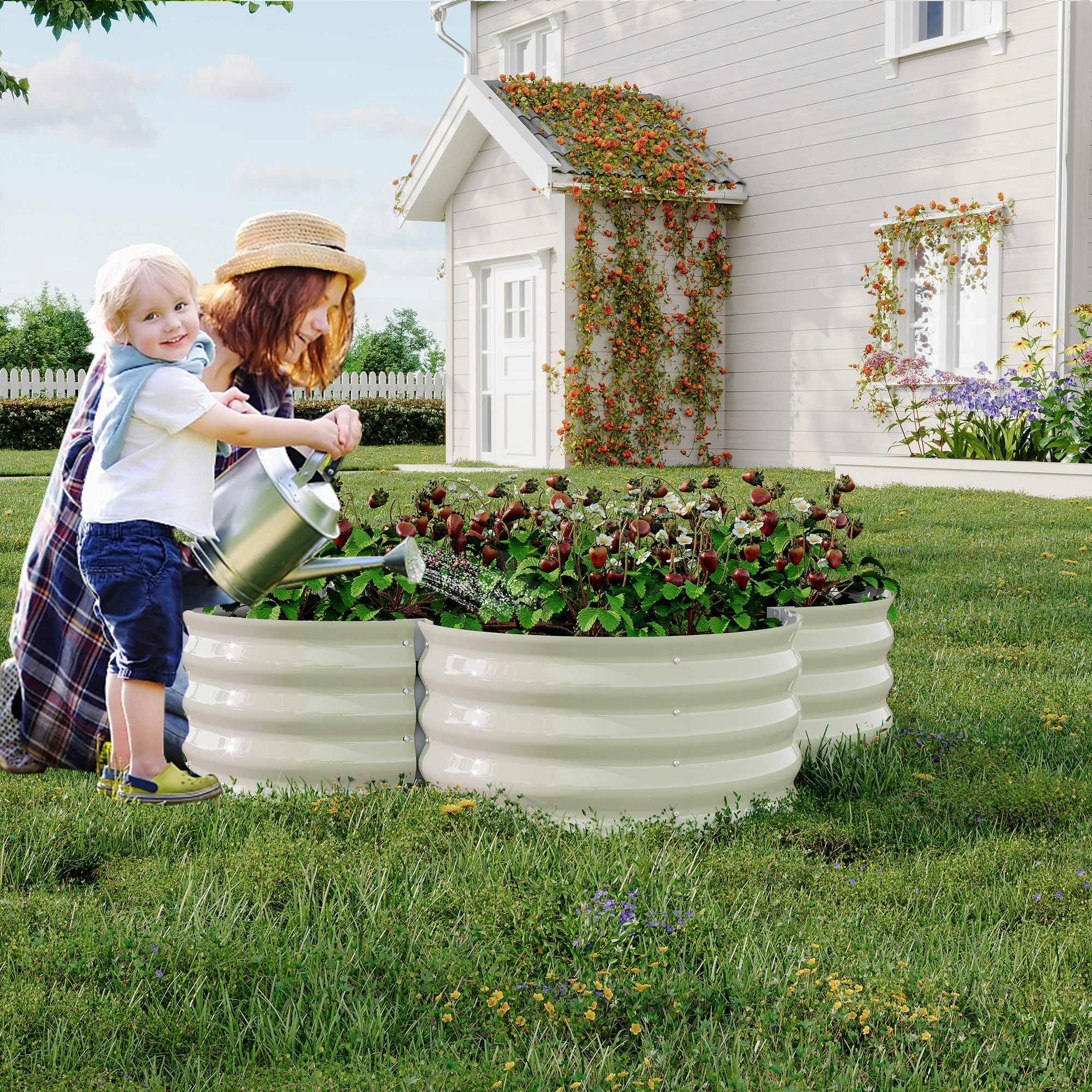 WildBreak Outdoor Raised Garden Bed Kits, Petal Shape, Metal Planter Box 47.6 x 47.6 x 11.8", Off-White