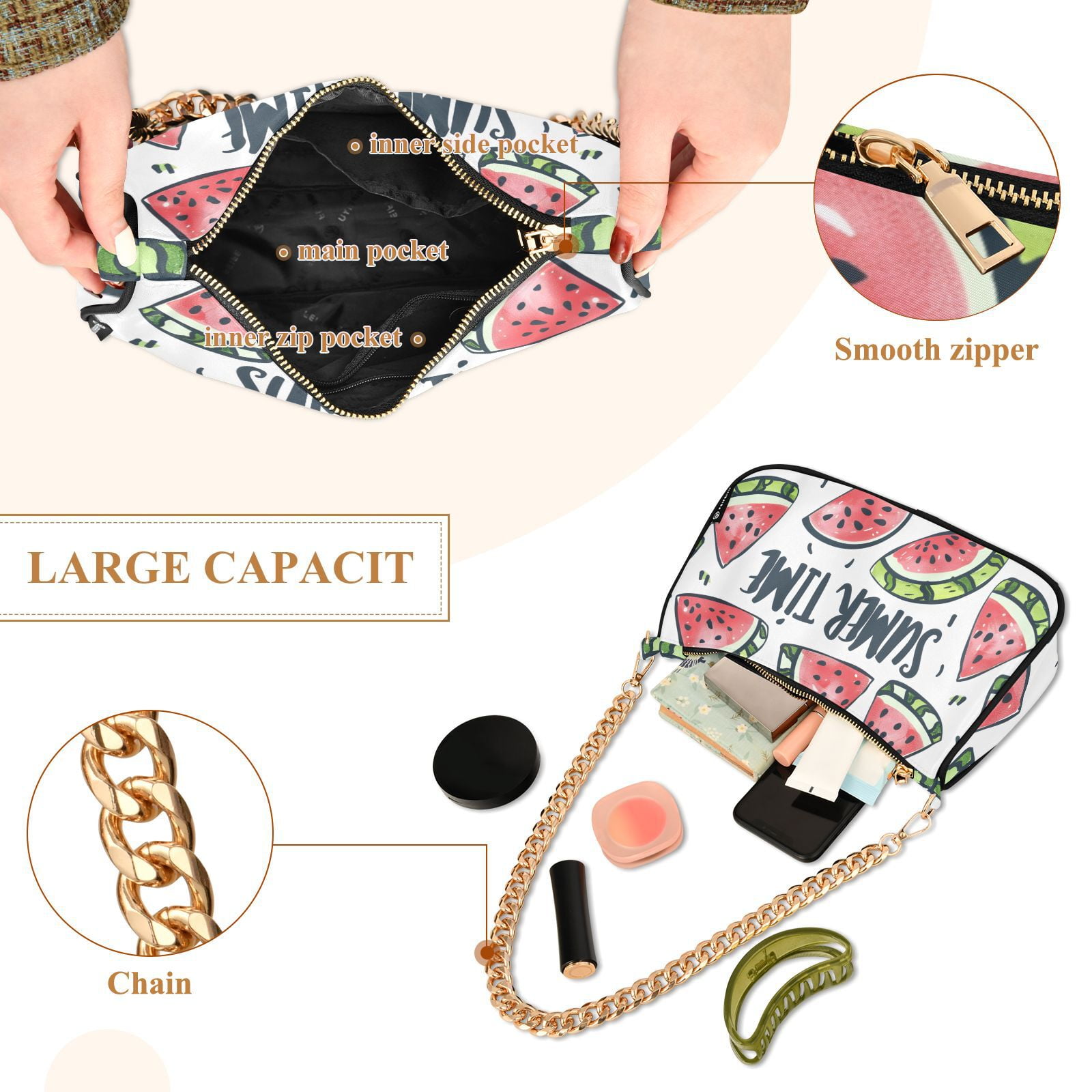 Watermelon Summer TimeWomen Small Shoulder Bag Crossbody Tote Hobo Bags Purse Clutch Handbags with Chain Strap for Women