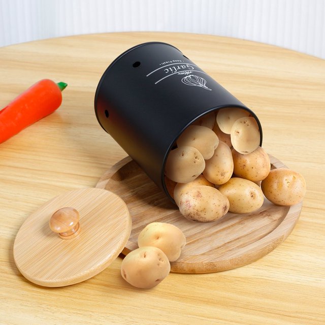 CHUANK Garlic Keeper Garlic Storage Garlic Holder Large Ceramic Garlic Keeper with Wooden Lid Garlic Jar Garlic Storage Container