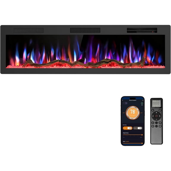 WAA 60" Smart Electric Fireplace Recessed/Wall Mounted,Alexa/APP Control,Adjustable Flame & Sound (Black)