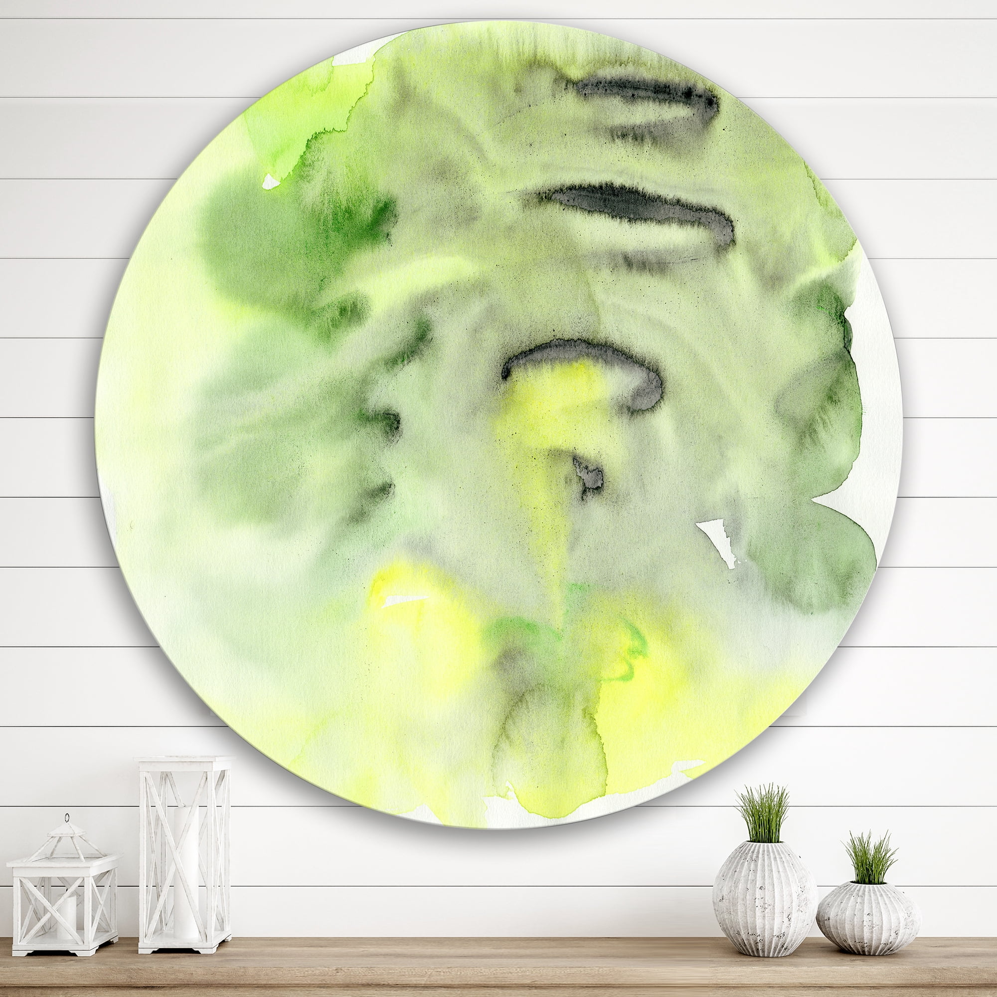 Designart 'Abstract Pond of Yellow and Green' Modern Circle Metal Wall Art 29x29 - Disc of 29
