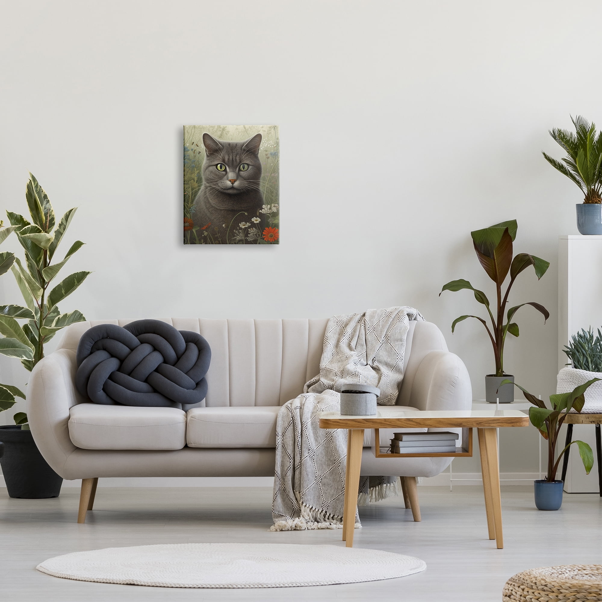 Stupell Industries Grey Cat in Flower Field Animals & Insects Painting Gallery Wrapped Canvas Print Wall Art, 16 x 20