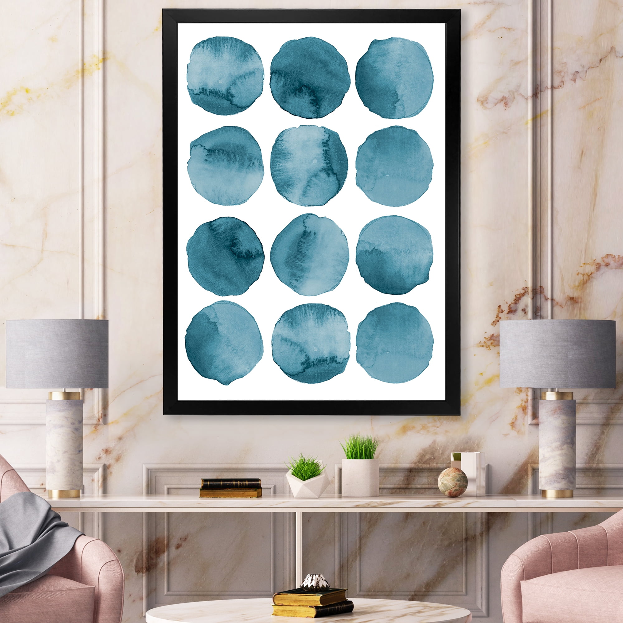 Designart 'Blue Aquamarine Circles Geometric Elements' Modern Framed Art Print