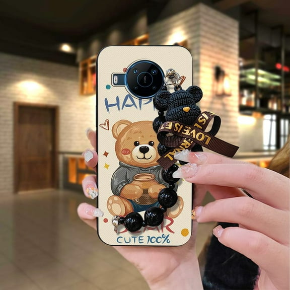 LYM-Phone Case For Nokia X100, Anti-knock cute Back Cover Dirt-resistant protective case soft case Waterproof Cartoon Skin-friendly feel Black pearl pendant Bear bracelet Simplicity