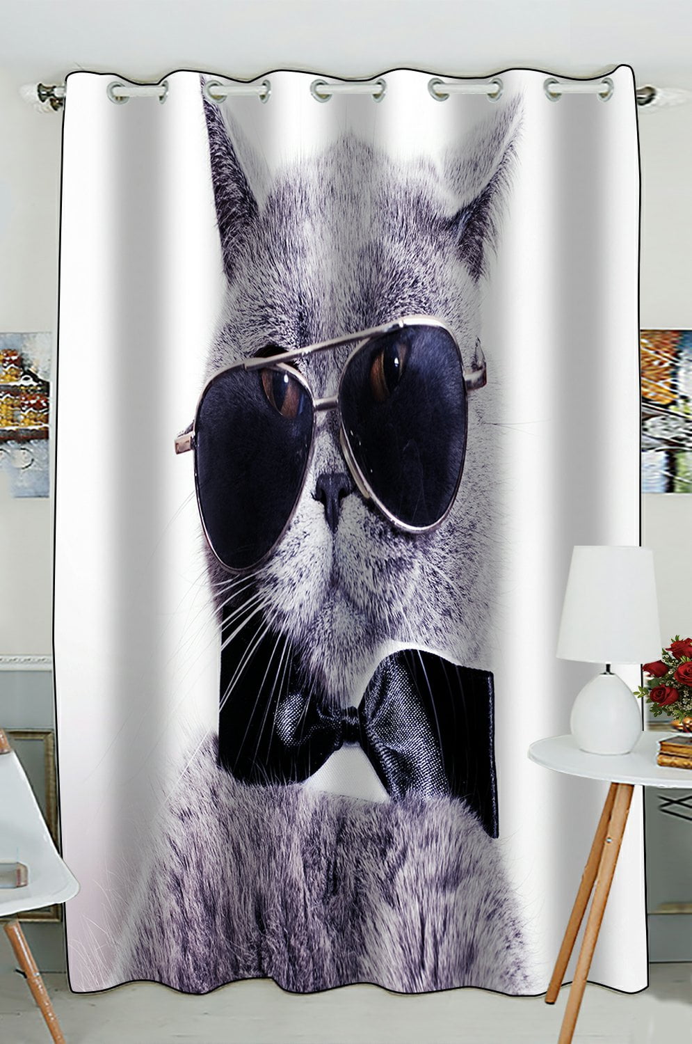 Phfzk Funny Cat Window Curtain, Portrait Of British Shorthair Gray Cat